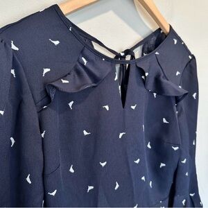 Navy Blue with Sweet White Birds, Ruffle Hem & Sleeve Tie Open back/neck MIDI